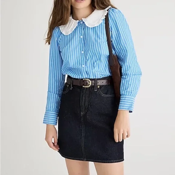 NWT J. Crew Organic Cotton Ruffle-Collar Poplin Shirt in Blue White Stripes - Picture 4 of 4